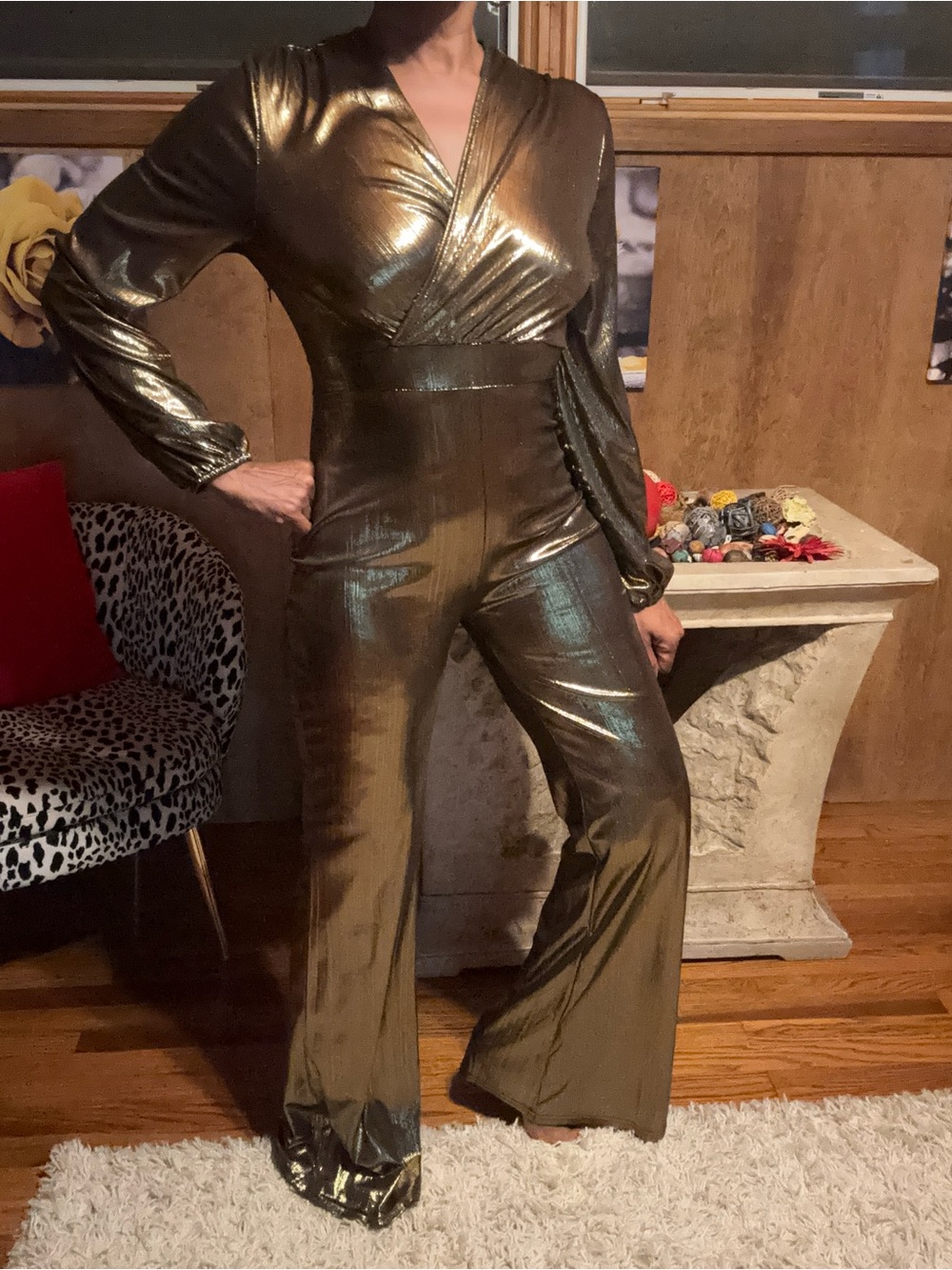 Metallic Gold Wrap-Front Wide-Leg Jumpsuit